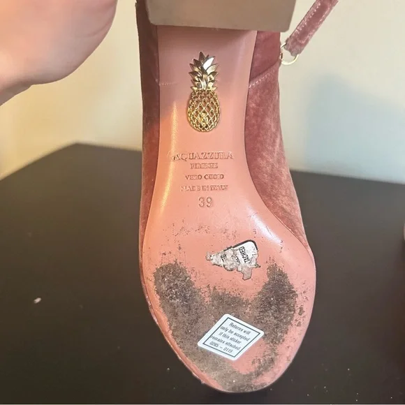 Aquazzura So Me Light Pink Velvet Ankle Boot Size 9 Bootie Heels 2 Inch Pastel - Picture 10 of 11